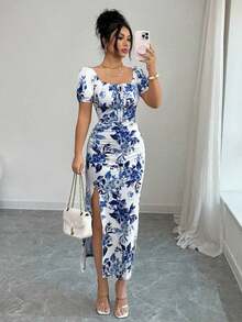 Vestido floral de cuello cuadrado, mangas de pétalo, cintura ceñida y ajustado para mujer, primavera/verano - Azul y blanco - Ver 6