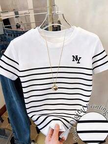 Camiseta casual de mujer de manga corta con cuello redondo, estampado de bloques de color y rayas en forma de corazón, estilo fresco de verano - Multicolor 3 - Ver 1