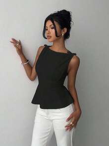 sin mangas elegante para ir a la oficina, diseño minimalista, casual de negocios para mujer, ropa de oficina, salir, para maestras, blusa casual para mujer, blusa social para mujer - Negro - Ver 8