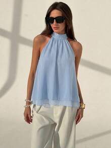 Blusa elegante y brillante de color rosa con espalda descubierta para mujer - Celeste - Ver 7