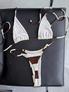 Conjunto de bikini de rayas coloridas y sexy para primavera/verano 2026, traje de baño de estilo minimalista de tres puntos para mujeres jóvenes - Multicolor 12 - Ver 2