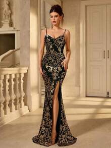 Vestido de noche con abertura alta en el muslo, con lentejuelas y diseño de patchwork, con espalda descubierta y silueta de sirena para mujer - Dorado - Ver 3