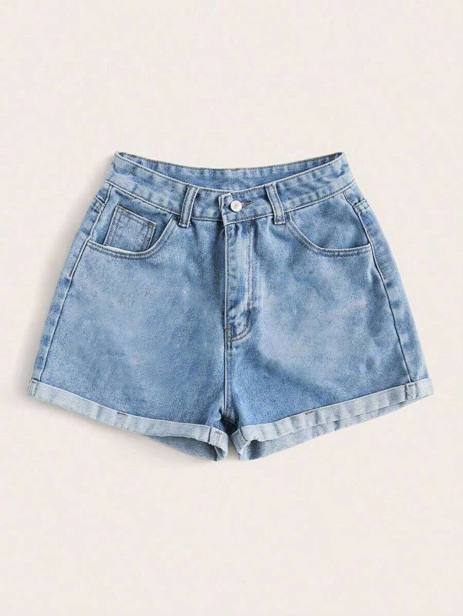 Shorts vaqueros de tiro alto enrollados para verano - Lavado ligero - Ver 1