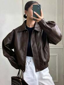 Chaqueta de cuero regular de mujer de PU grueso, casual y holgada, nueva para otoño/invierno - Marrón 2 - Ver 8