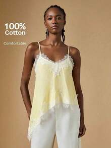 Camiseta de mujer de verano con encaje asimétrico, top blanco, regalo de San Valentín para mujeres, top elegante de mujer, top de verano, vacaciones de mujer, estilo de dinero antiguo / Top camisero de mujer con ribete de encaje de satén y cuello - Amarillo claro - Ver 7