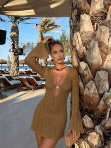 Vestido de manga larga de punto para mujer, estilo de vacaciones en la playa - Camello profundo - Ver 4