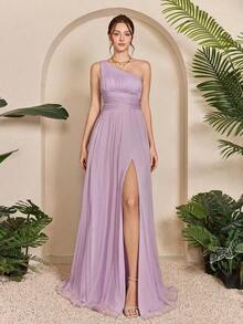 Vestido de malla con un hombro asimétrico, pecho fruncido, recorte hueco y abertura alta en A, vestido de dama de honor para boda, color rosa, primavera - Púrpura malva - Ver 7