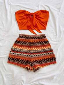 Conjunto informal de 2 piezas de top tubo corto anudado de unicolor y shorts con estampado floral para vacaciones de mujer - Multicolor 6 - Ver 3