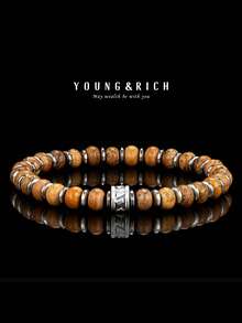 YOUNG&RICH YOUNG & RICH 男士天然图画碧玉手链，大地色系风景石扁平圆珠弹力手链，复古风格男士日常饰品，送给男友的完美礼物 - 駝色 - 查看 1