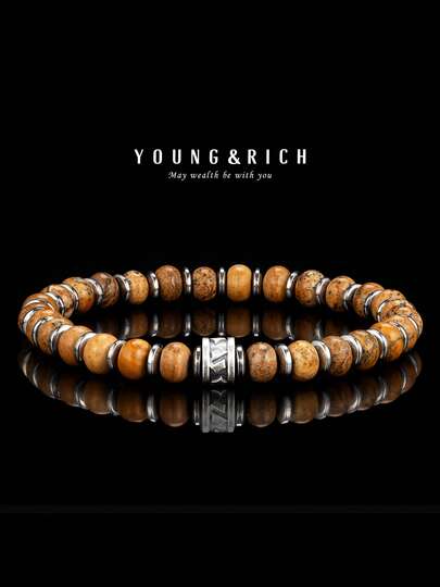 YOUNG&RICH YOUNG & RICH Men's Natural Picture Jasper Bracelet, Earth Tone Landscape Stone Flat Round Beads Elastic Bracelet, Vintage Style Daily Jewelry For Men