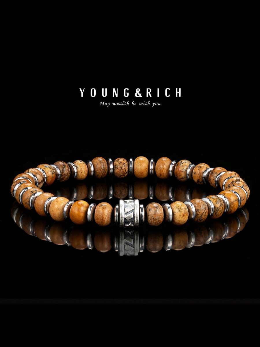 YOUNG&RICH YOUNG & RICH 男士天然图画碧玉手链,大地色系风景石扁平圆珠弹力手链,复古风格男士日常饰品,送给男友的完美礼物 - 駝色 - 查看 1