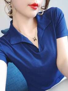 女士夏季翻领短袖Polo衫，休闲百搭上衣 - 藍色 - 查看 5
