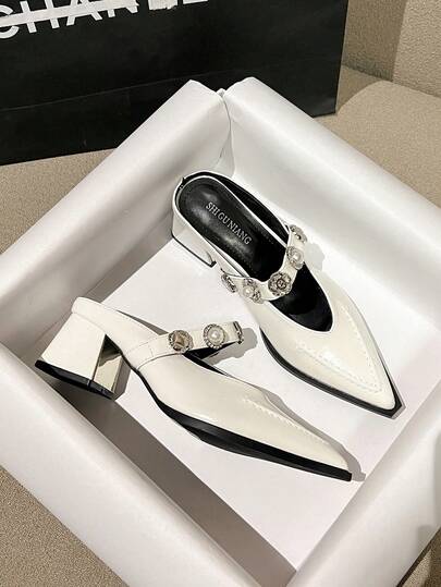 2026 Summer New Fashion Office Casual Versatile Party Women's Mule Shoes, Solid Colors Beige Black Silver Brown Open Toe Slip-On Sandals, European And American Style Pearl Decor Elegant Minimalist High Heel Roman Sandals, Suitable For Wide-Leg Pants And Dresses
