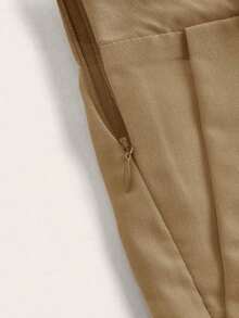 Pantalones cortos casuales sueltos con bolsillos y pliegues de unicolor para mujer - Caqui - Ver 5