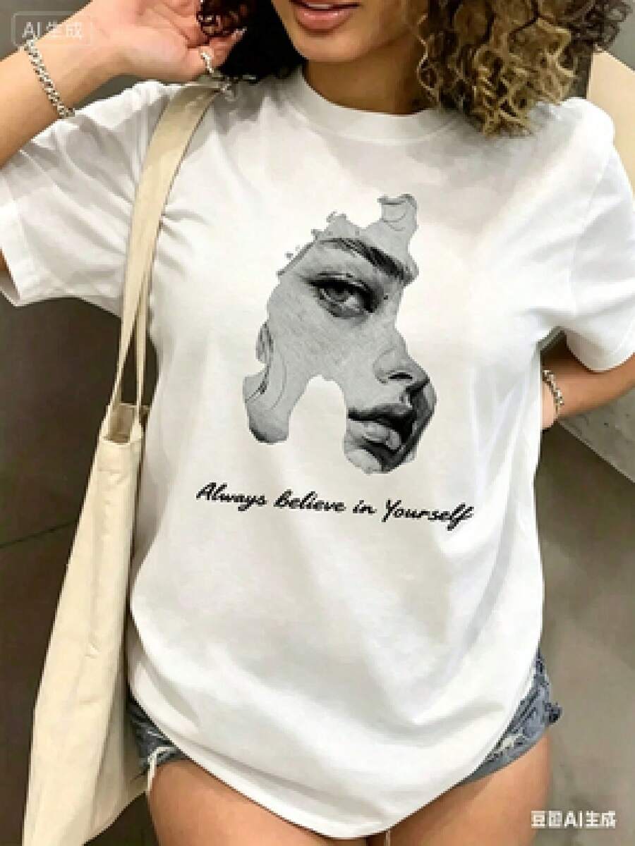 Camiseta de peso pesado multicolor, 100% algodón puro, con estampado moderno, unisex, nuevo estilo primavera/verano/otoño, transpirable y cómoda, sencilla y versátil. - Blanco - Ver 1