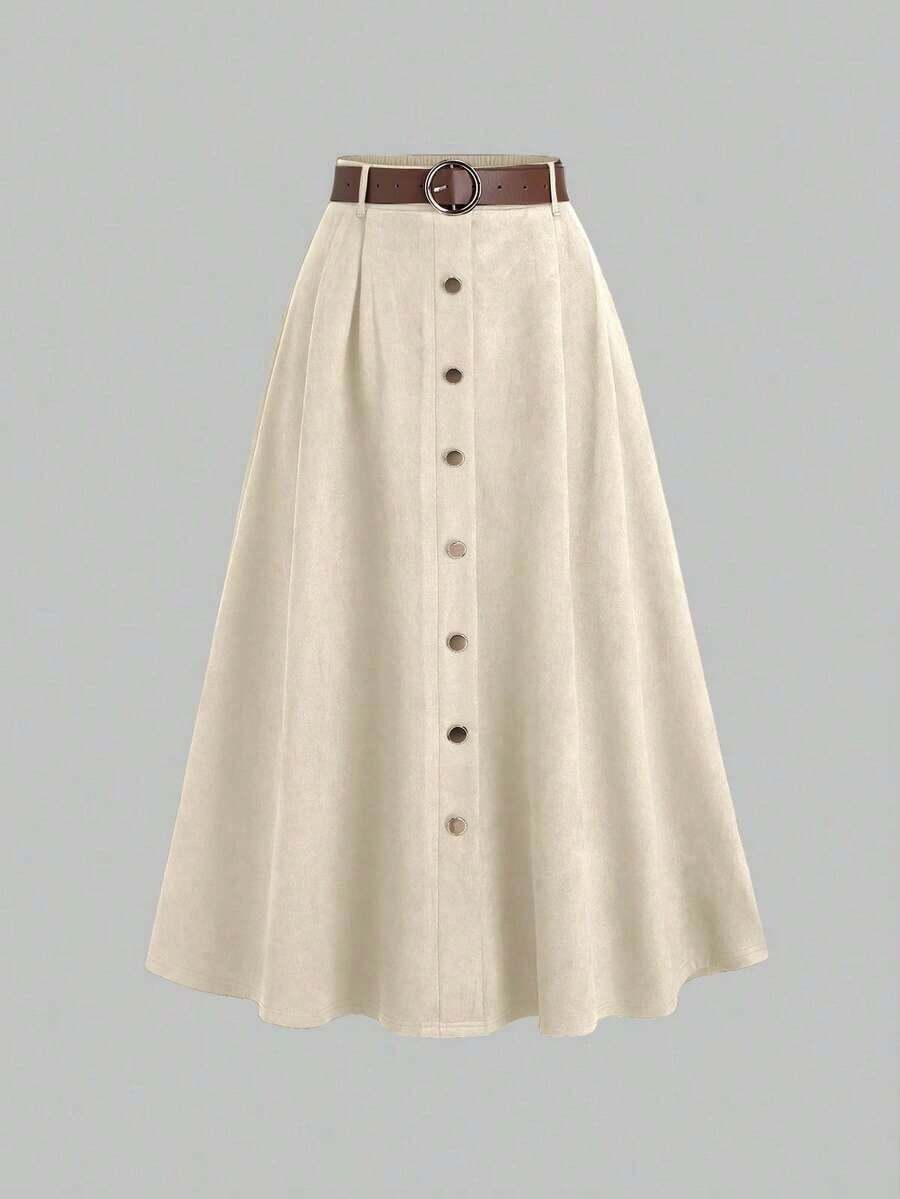 Sweetro Falda de ante marrón con diseño de solapa única, otoño/invierno - Caqui - Ver 1