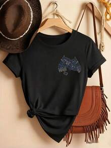 Women Black Cotton T-Shirt with Short Sleeves and Round Neckline featuring Bold Graphic Print - Negro - Ver 1