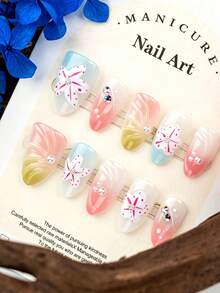 10pcs Medium Almond Mermaid Themed False Nails, 3D Shell & Flower Carved, Pink & Blue Ombre, Decorated With Pearls & Rhinestones, Full Coverage Reusable Nail Set, Suitable For Beach Vacation And Daily Wear - Multicolor - View 2