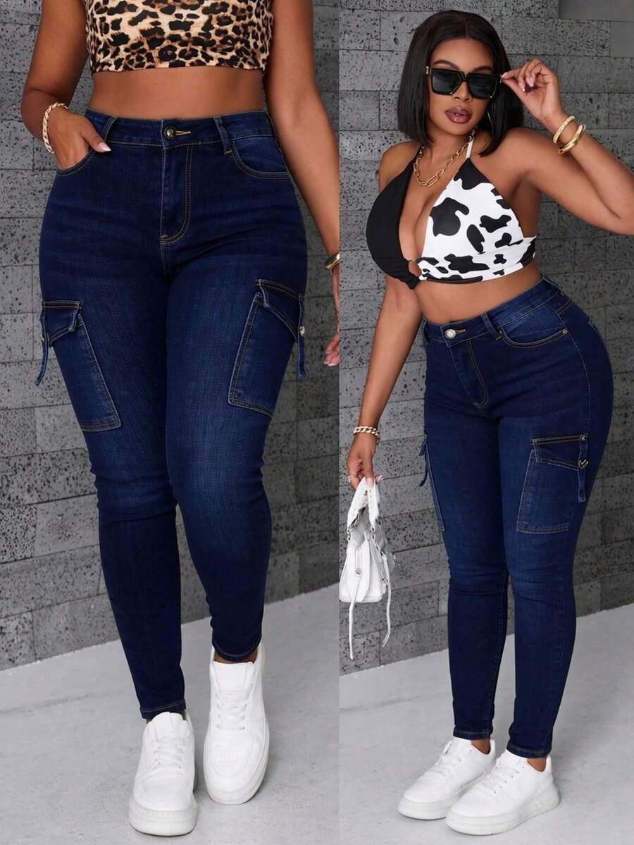 Jeans skinny de mezclilla azul oscuro con bolsillos múltiples efecto levantador de glúteos elásticos - Azul profundo - Ver 1