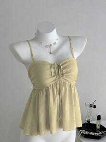Camiseta de tirantes con volantes de unicolor lindo para damas, ropa de verano para la universidad - Caqui - Ver 4