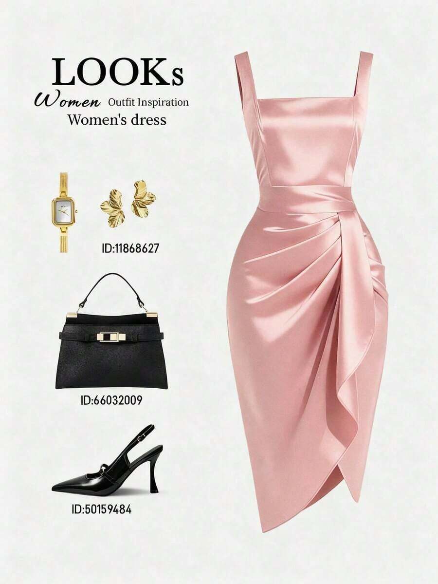 Vestido sin mangas de satén pesado color vino tinto para mujer, cuello cuadrado retro, adelgazante de cintura con pliegues tridimensionales, bajo asimétrico, vestido de lujo para cóctel y citas, vestido corto ajustado con textura drapeada - Rosa - Ver 1