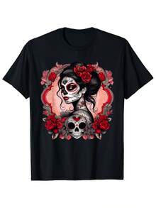 Camiseta del Día de los Muertos para Hombre y Mujer - Camiseta de Algodón Suave con Diseño Floral de La Catrina y Calavera de Azúcar - Camiseta Negra con Rosas Rojas - Ropa Casual y de Disfraz para Halloween, Lavable a Máquina - Ropa para el Festival del Día de los Muertos - Regalo Ideal para Fanáticos de la Cultura Latinoamericana - Negro - Ver 1