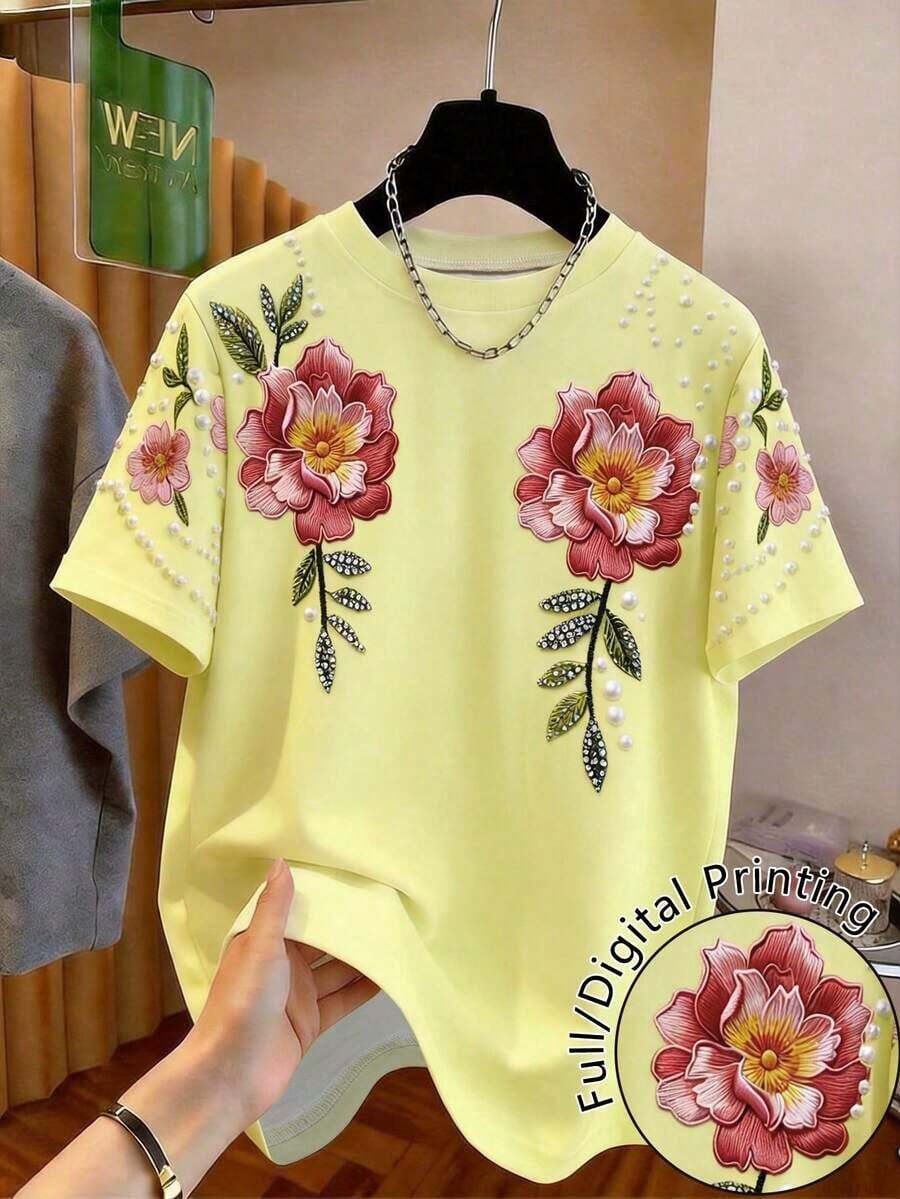 Camiseta de manga corta de verano con cuello redondo, estampado de cereza y rayas, de estilo casual para mujer - Multicolor 8 - Ver 1