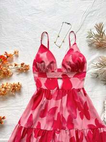 Vestido de vacaciones sin mangas con tirantes tipo espagueti, escote en V, estilo en línea A con huecos y espalda descubierta, 25 estilos - Rosa Fucsia - Ver 3
