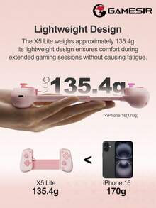 Tay cầm chơi game GameSir X5 Lite dành cho iPhone 15 16 17 Series, tương thích với máy tính bảng iOS Android, chiều dài cần điều khiển 105-213mm, cần điều khiển hiệu ứng Hall, trọng lượng nhẹ, thiết kế công thái học, tương thích với Game Pass, Zenless Zone Zero, chơi game trên đám mây, Steam/Moonlight Streaming Games, Remote Play, màu hồng. - Hồng - Xem 5
