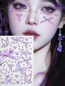 1pc Y2K Style Colorful Rhinestone Butterfly Sticker, Shiny Heart Bow Gem Decal, Suitable For Face, Eye Makeup, Nails, Body Decoration, Fit For Party, Holiday, Cosplay, Available In Yellow/Blue/Red/Pink/Purple 5 Colors - Multicolor - View 14