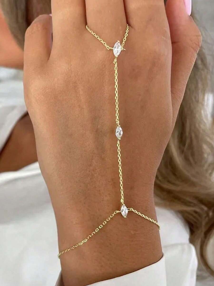 1pc Bohemian Style Diamond-Shaped Crystal Linked Finger Hand Chain, Simple Delicate Chain Bracelet For Daily Wear - Gold - View 1