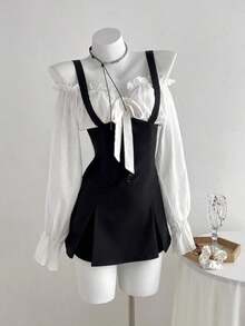Vestido corto de mujer con hombros descubiertos y contraste de color - Blanco y Negro - Ver 12