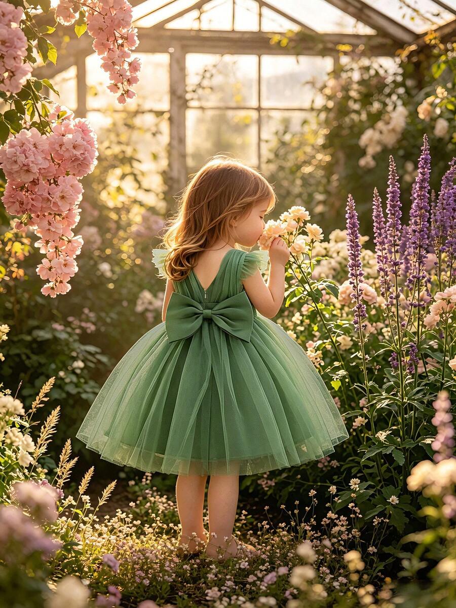 Baby Girls Tulle Back Bow Puff Elegant Princess Flower Girl Dress Suitable For Party, Headband Not Included - Green - View 1