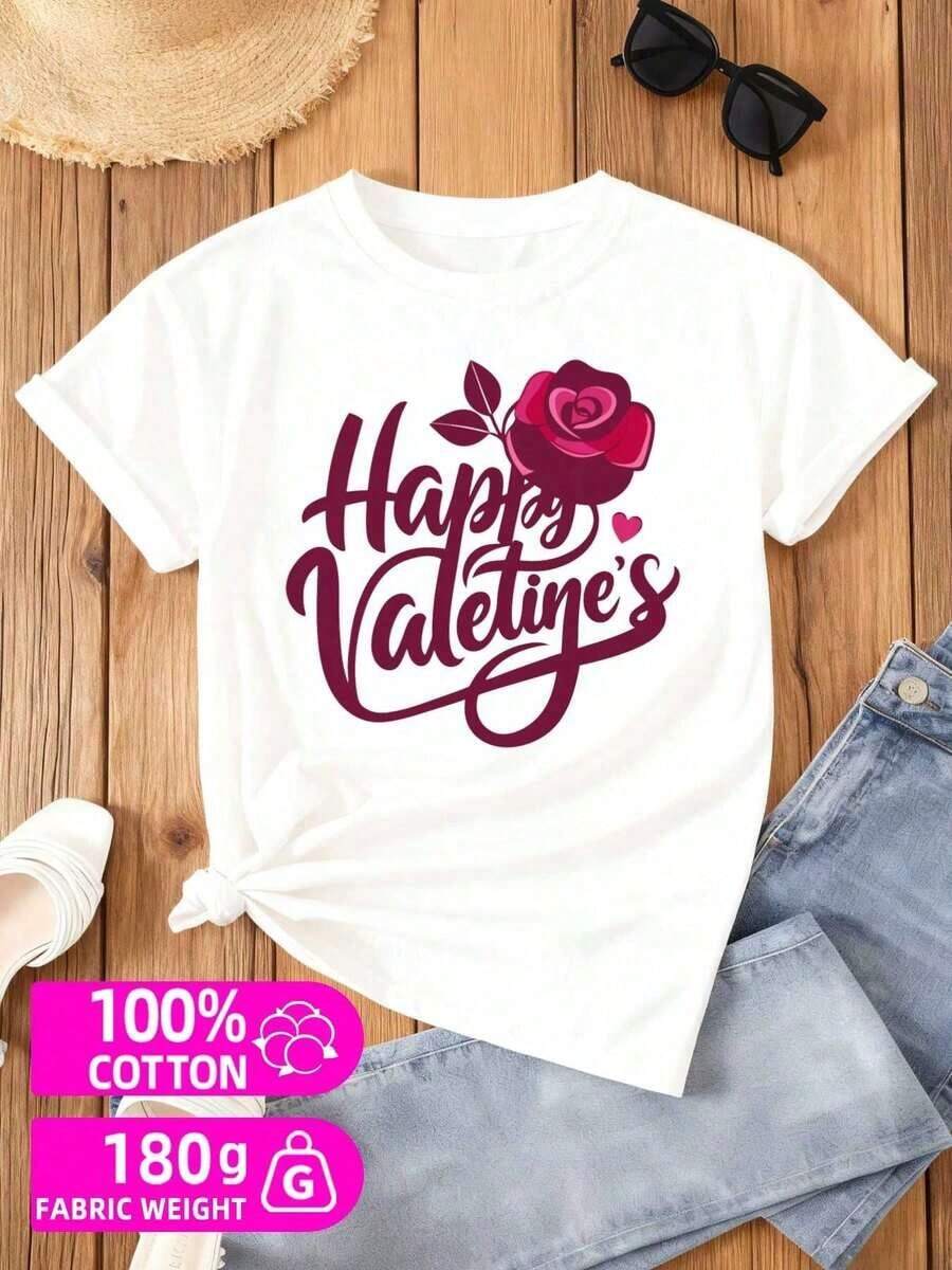 Camiseta de San Valentín| Camiseta Blanca para Mujer con Diseño Floral, Cómoda, Perfecta para Regalos, Corte Regular, Estilo Casual, Cuello Redondo, Transpirable y Confortable - Negro - Ver 1