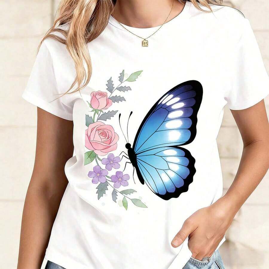 Women's Short-Sleeved T-Shirt With A Floral Print Of Blue And Pink Butterflies, A Natural And Cute Design, Breathable And Comfortable. - 白色 - 查看 1
