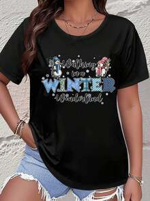 Women's Short-Sleeved T-Shirt With A Snowman And Penguin Print Walking In A Winter Country, Casual Graphic T-Shirt For The Christmas Season, Urban Vintage Style, Unisex, Loose Cotton, Round Neck, Short Sleeve. - 黑色 - 查看 1