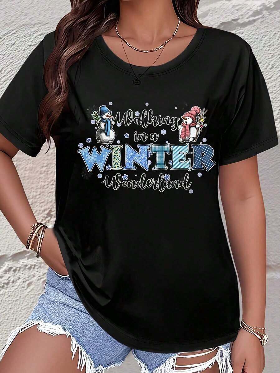 Women's Short-Sleeved T-Shirt With A Snowman And Penguin Print Walking In A Winter Country, Casual Graphic T-Shirt For The Christmas Season, Urban Vintage Style, Unisex, Loose Cotton, Round Neck, Short Sleeve. - 黑色 - 查看 1