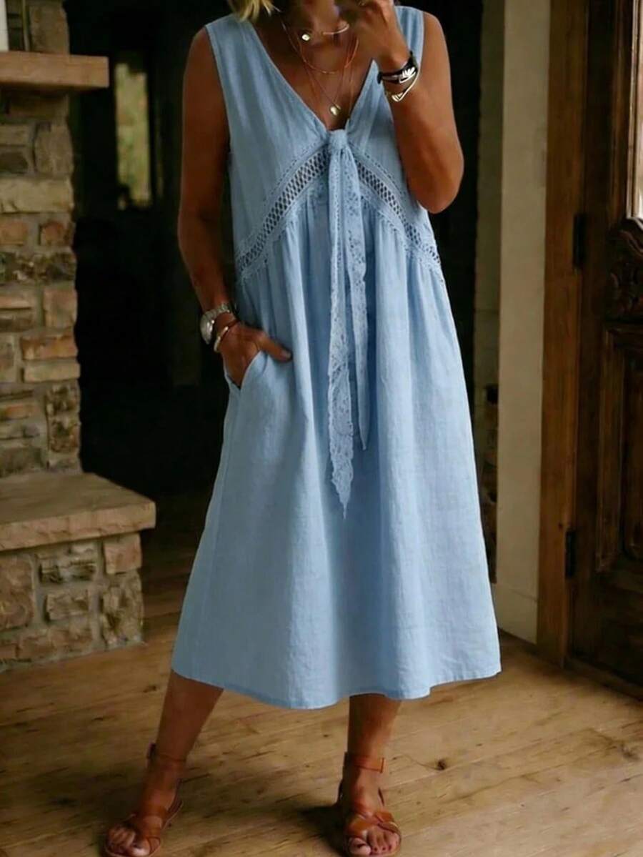 Vestido largo sin mangas 2026, color liso con detalles de encaje - Azul - Ver 1