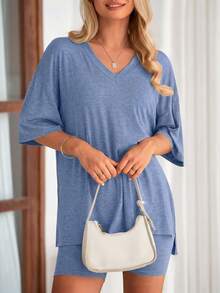 PRETTYGARDEN Women's Summer Clothes 2 Piece Sets Lounge Set Casual Oversized Shirts Biker Shorts Matching Airport Travel Sweatsuit Set Women Vacation Outfit Summer Brunch Outfits For Women - 灰藍 - 查看 5