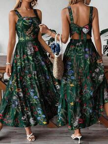 Vestido deslizante casual y elegante con diseño de cintura elástica, lazo de moño y estampado floral para vacaciones y uso diario de mujer - Verde Oscuro - Ver 1