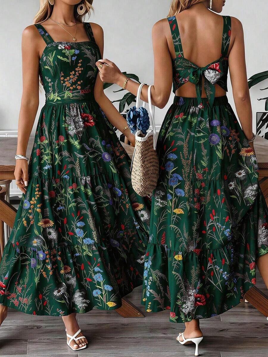 Vestido deslizante casual y elegante con diseño de cintura elástica, lazo de moño y estampado floral para vacaciones y uso diario de mujer - Verde Oscuro - Ver 1