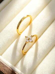 2pcs 18K Gold Plated Elegant Minimalist Floral Solid Band Rings, Versatile For Single Or Stacking Wear, Stainless Steel Durable Color, Suitable For Wedding/Engagement, Anniversary, Parties, Great Gift For Mother, Girlfriend, Wife, Valentine's Day, Mother's Day - Gold - View 5