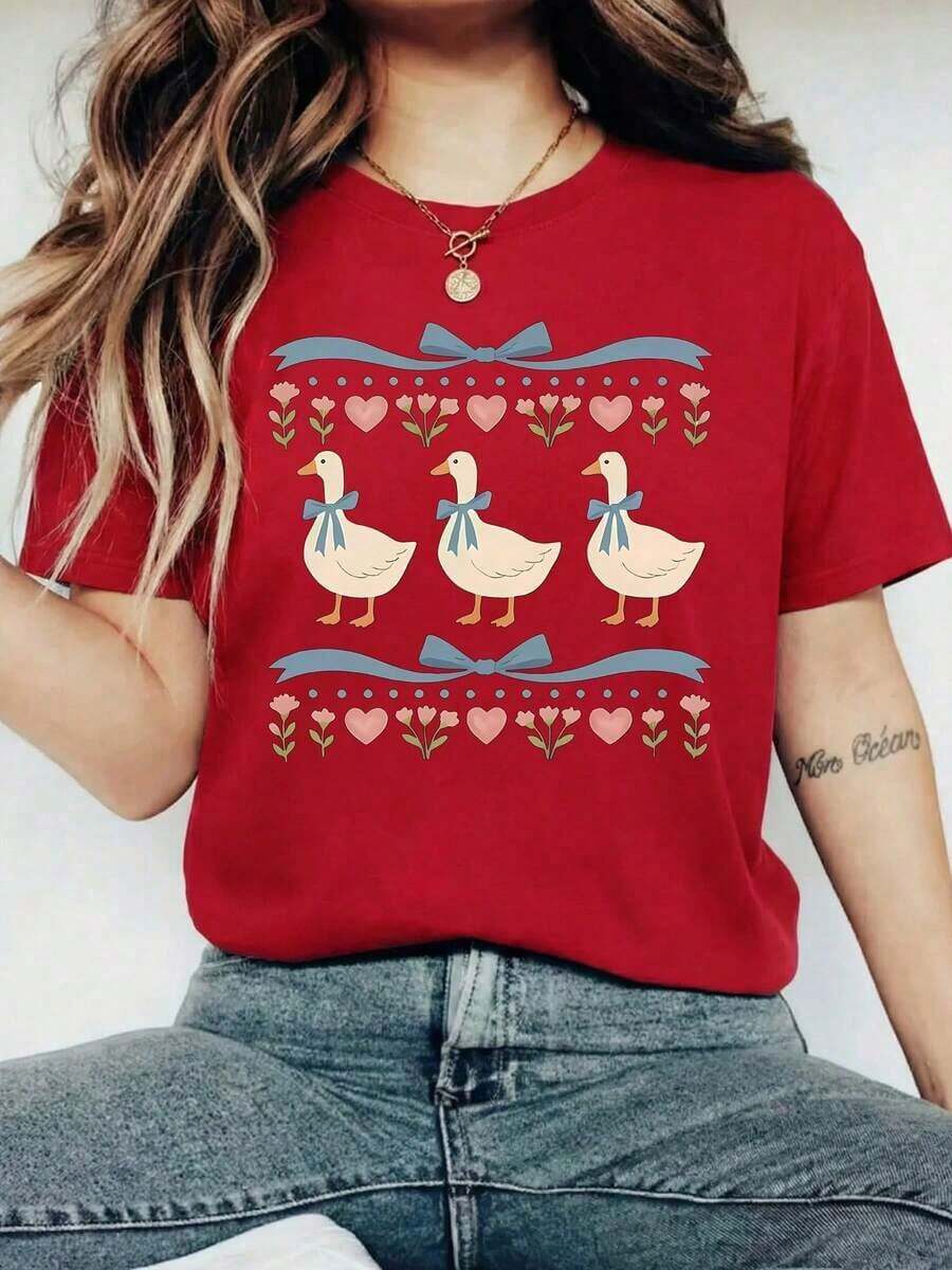 Cute 90s Vintage Goose Design T-Shirt, Comfortable Short Sleeve T-Shirt With Cartoon Letter Print, Suitable For Various Occasions, As A Gift For Festivals, Birthdays, Music Festivals, Casual And Versatile Wear, For Beach Vacations, Simple And Fashionable, Suitable For Daily Wear By Women And Girls. -High-Quality Breathable - 紅色 - 查看 1