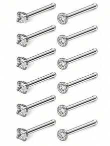 Bộ 12 khuyên mũi bằng thép không gỉ, đính đá CZ tròn sáng bóng, trang sức xỏ mũi, quà tặng dự tiệc - Bạc - Xem 7