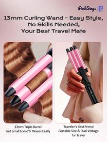 PinkSings Catokan Rambut Mini 13mm/25mm, Tongkat Pengeriting Gelombang 3-Barrel Kecil, Desain Tegangan Ganda, Cocok Untuk Penggunaan di Rumah dan Perjalanan, Tiga Mikro-Barrel Keramik Menciptakan Gelombang Pantai Alami yang Rapi - Hot Pink - View 7