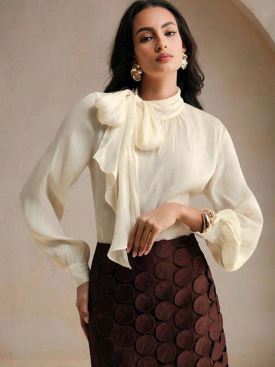 Blusa elegante y chic de cuello alto, manga larga y puños con lazo para uso diario - Albaricoque - Ver 1