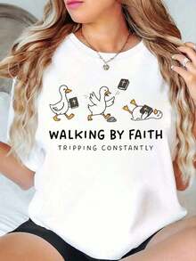 100% Cotton T-Shirt With Christian Theme, Printed With The Phrase "A Christian Who Walks By Faith Keeps Falling", Biblical Design, Printed T-Shirt For Women, Casual Short Sleeve Top Of Pure Cotton, Summer T-Shirt, Top For Women. - 白色 - 查看 6