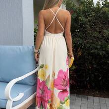 Women's Floral Print Deep V Neck Backless Dress For Summer Vacation & Beach, Women Casual Dress, Women Birthday Outfit,Vacation Style,For Beach Vacation,Bohemian Clothes, Women Dresses Birthday Vacation Dress - Beis - Ver 3