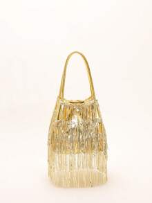 1pc Solid Color Sequin Shiny Metallic PVC Sequin Tassel Handbag, Versatile Tote Bag With Wing Design, Multi-Functional Fashion Bag Suitable For Romantic Wedding Season, Luxury Lady Party Atmosphere - Gold - View 7
