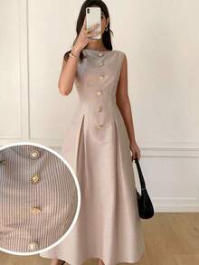 Vestido elegante sin mangas con decoración de sol de metal con estampado de lunares para mujer - Albaricoque - Ver 2